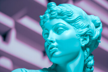 Escultura rostro de mujer esculpido en escayola estilo retro futurista vintage vaporwave, colores pastel brillantes, retro vhs, con textura, generative ai.