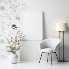 Frame poster mockup in home interior, floral wallpaper and white furniture AI Generaion.