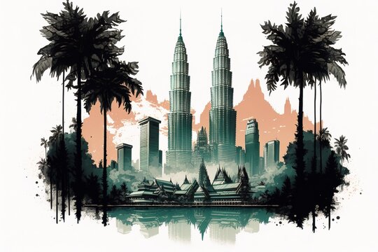 Illustration postcard banner of Petronas Towers in Malaysia. White background. Generative AI Illustration