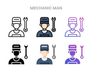Mechanic man people icons vector illustration set line, flat, glyph, outline color gradient. Great for web, app, presentation and more. Editable stroke and pixel perfect.