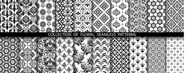 Geometric floral set of seamless patterns. White and black vector backgrounds. Damask graphic ornaments.