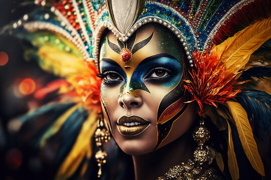 Brazilian carnival costume and makeup with rich decorations and colors. AI generated image