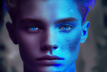 Handsome young blue-eyed man staring at camera, close up portrait. Generative AI painting