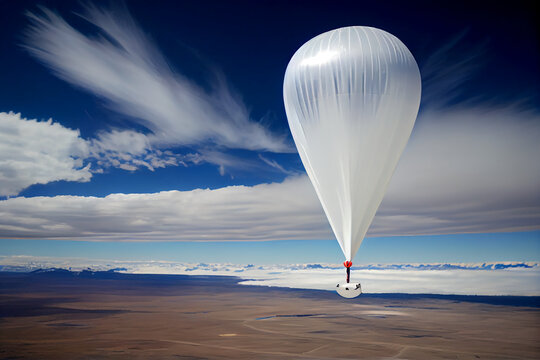 A large white weather balloon flying through a blue sky, Generative Ai