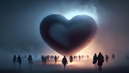 	
Hundreds of people walking towards a large Love Heart in the mist. Generative Ai.	
