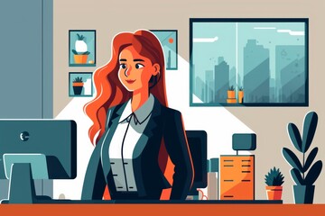 Happy young businesswoman using computer in modern office, flat character illustration