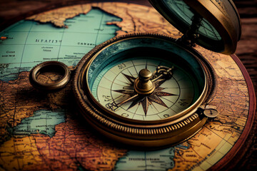 Fototapeta na wymiar Die Welt entdecken: Urlaubsplanung mit Karte und Kompass - Generative Ai