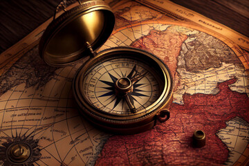 Fototapeta na wymiar Die Welt entdecken: Urlaubsplanung mit Karte und Kompass - Generative Ai