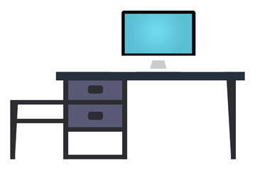 A simple desk with a computer screen on top is seen in an illustration isolated on a transparent background..