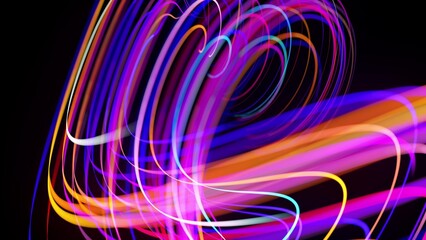 Motion graphics, sci-fi bg. Stream of multicolor neon lines form spiral shape, curls and pattern. Abstract background with light trails, Modern trendy motion design bg. Light flow bg. 3d render