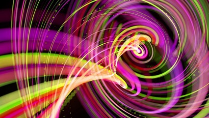 3d render. Light flow bg. Abstract background with light trails, stream of green red yellow neon lines form spiral shapes. Modern trendy motion design background light effect.