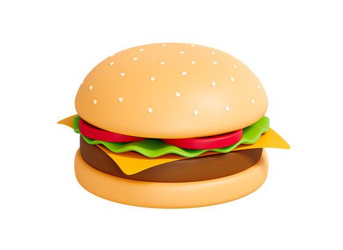 3D Hamburger with cheese, tomatoes, meat and salad. Street fast food concept. Tasty burger. Sandwich with beef and vegetables. Cartoon creative design icon isolated on white background. 3D Rendering
