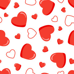 Seamless pattern of red hearts on a white background. Isolated vector illustration for wrapping paper, wallpapers, posters, textiles.