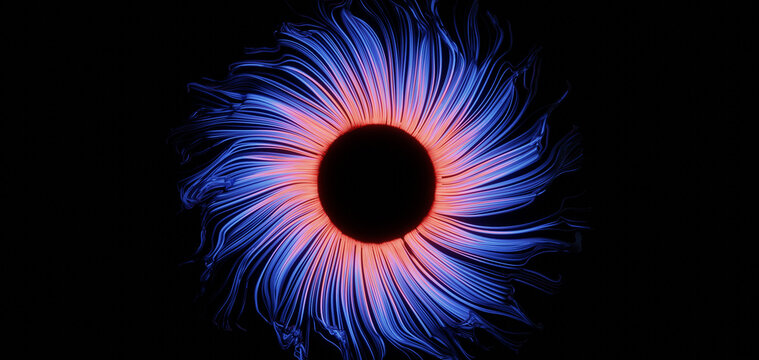Close up illustration of stylized glowing blue and red iris