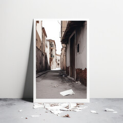 Blank mockup of poster billboard on crumbling buildings and alleyways, AI generation.