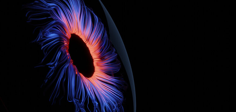 Close up illustration of stylized glowing blue and red iris