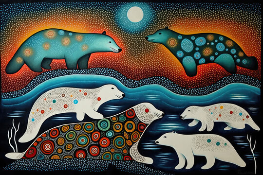 Wild polar bears in artic circle region, painted illustration
