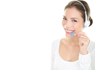 Call center headset woman customer service representative talking giving online help desk support looking at camera friendly happy and smiling isolated on white background. Isolated transparent PNG
