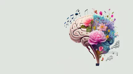 Poster Human brain tree with flowers and music notes, self care and mental health concept, positive thinking, creative mind, generative AI  © Berit Kessler
