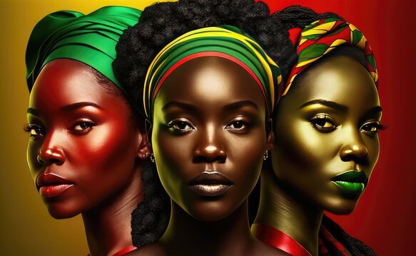 Black history month or woman's day celebration banner. Art in red yellow and green with three ethnic black women. Created with generative ai	
