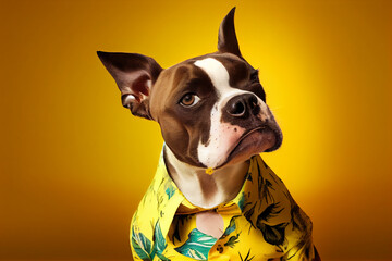 Portrait von Hund mit lustigen Hawai-Hemd. Urlaub mit Hund am Hundestrand. Hund macht Urlaub in einer Hundepension - Generative Ai