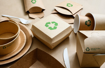 Biodegradable food packaging with recycling marks. Paper disposable environmentally friendly...