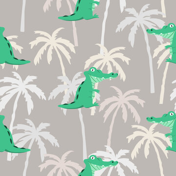Seamless pattern with cute crocodiles and palm trees.