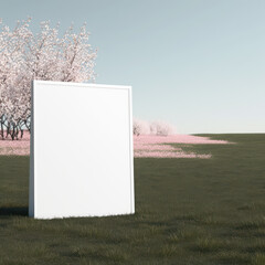 Blank mockup of poster billboard on pink cherry blossoms and grassy fields, AI generation.