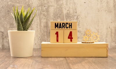 March 14th. Day 14 of month, daily calendar on wooden table background. Spring time. - obrazy, fototapety, plakaty