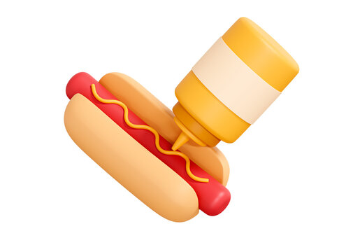 3D Hot dog with ketchup and mustard bottle sauce. American street fastfood. Sausage in bun. Sandwich emoji food. Cartoon creative design icon isolated on white background. 3D Rendering