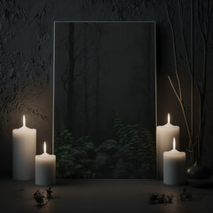 Mockup photo frame, glowing candles in a dark forest AI Generaion