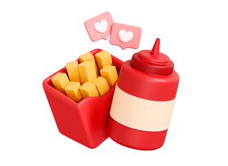 3D French fries and Ketchup with heart. Best friends food. Happy Valentine day. Perfect couple. Love between Chips and sauce. Cartoon creative design icon isolated on white background. 3D Rendering