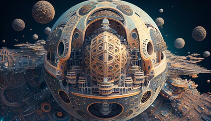 space colony observed by a cosmo giant from orbit, Futurism, Beautiful Lighting, VFX, insanely detailed and intricate, hypermaximalist, elegant, ornate, hyper realistic, super deta AI Generated