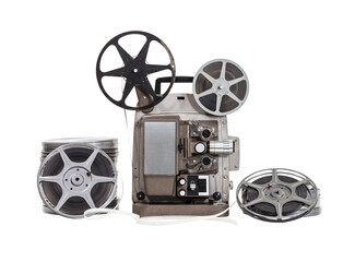 Vintage film with old projector isolated with clipping path.