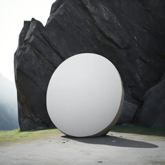 Background for product presentation, large, round boulder balanced on the edge of a hill AI generation.