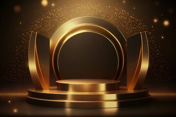 Product display presentation on luxury gold empty podium stand with shiny particles glamor to showcase stage advertising for cosmetics and beauty. Mockup golden showcase blank pedestal Generative AI