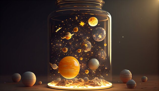 Solar system surrounded by stars stored in a glass jar, volumetric Light, VFX, insanely detailed and intricate, hypermaximalist, elegant, ornate, hyper realistic, super detailed AI Generated
