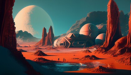 space colony on mars, freezing cold, Futurism, volumetric Light, VFX AI Generated
