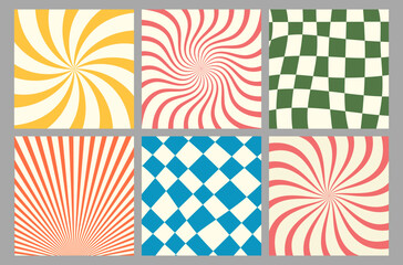 Set of retro 70s and 60s psychedelic groovy hippie backgrounds. Vector illustration