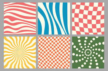 Set of retro 70s and 60s psychedelic groovy hippie backgrounds. Vector illustration