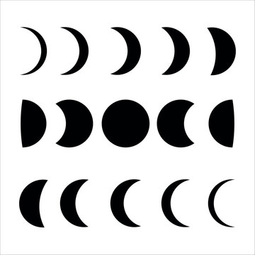 Pack of moon phases icons isolated on white background. Black silhouette images of whole moon cycle 