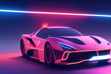 Fototapeta na wymiar Front angle view of futuristic neon orange illuminated car. Postproducted generative AI digital illustration