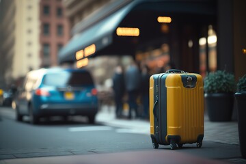 travel suitcase at the entrance of an hotel - obrazy, fototapety, plakaty