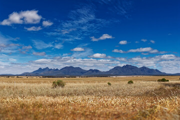 Stirling Range or Koikyennuruff landscape scenery, beautiful mountain National Park in Western Australia, with the highest peak Bluff Knoll. Road to and view from the rocky mountains