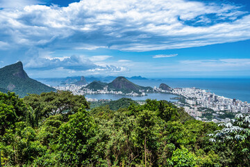 View from Vista Chinesa of Guanabara Bay, Christ Redeemer and Sugarloaf mountain in Rio de Janeiro,...
