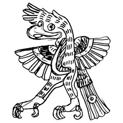 Standing or dancing eagle bird with open wings. Native American animal design of Aztec Indians from Mexican codex. Hand drawn linear doodle rough sketch. Black silhouette on white background.