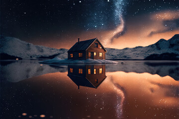 House standing on the shore of the lake against the backdrop of beautiful stars and mountains AI