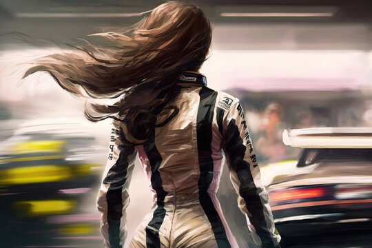 Girl on the background of racing cars. sketch art for artist creativity and inspiration. generative AI