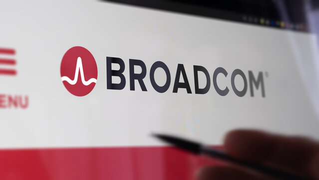 Broadcom Inc. AVGO news . A screen shows the brand broadcom Inc. news to invest in semiconductors.