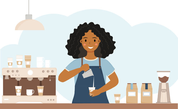 Young african american woman barista making coffee. Woman standing behind counter and making hot drink. International barista day. Coffee shop, bar concept. Coffee making equipment, utensils.